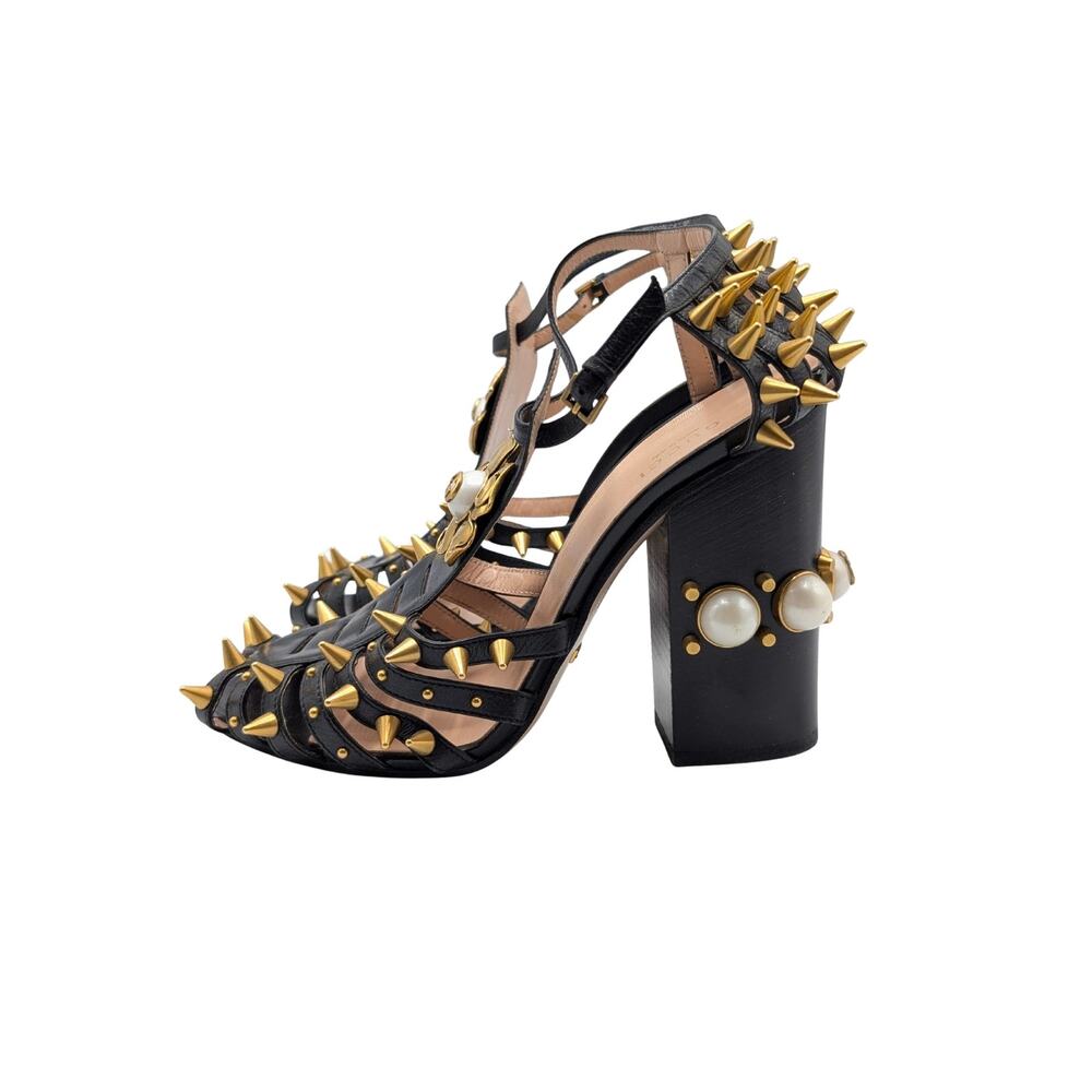 Gucci 2016 Black Leather Kendall Spike Pearl Embellished Block Heel Sandals